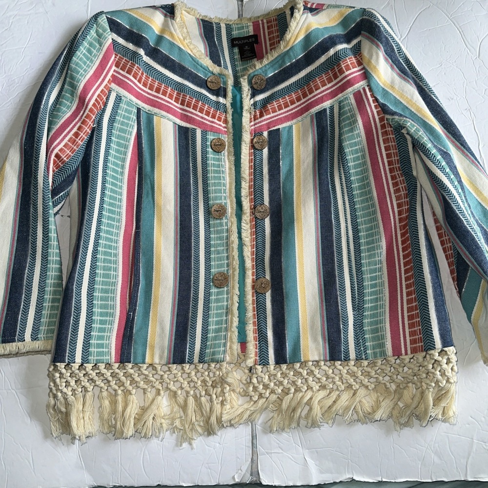 MULTIPLES Women's Medium Jacket Multicolor Striped Open Front Lined‎ Fringe Hem
